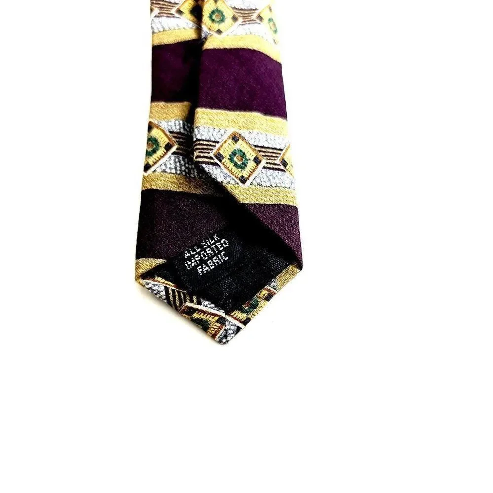 Kenneth Cole Maroon‎ Tan Abstract Striped Print Wide Silk Tie